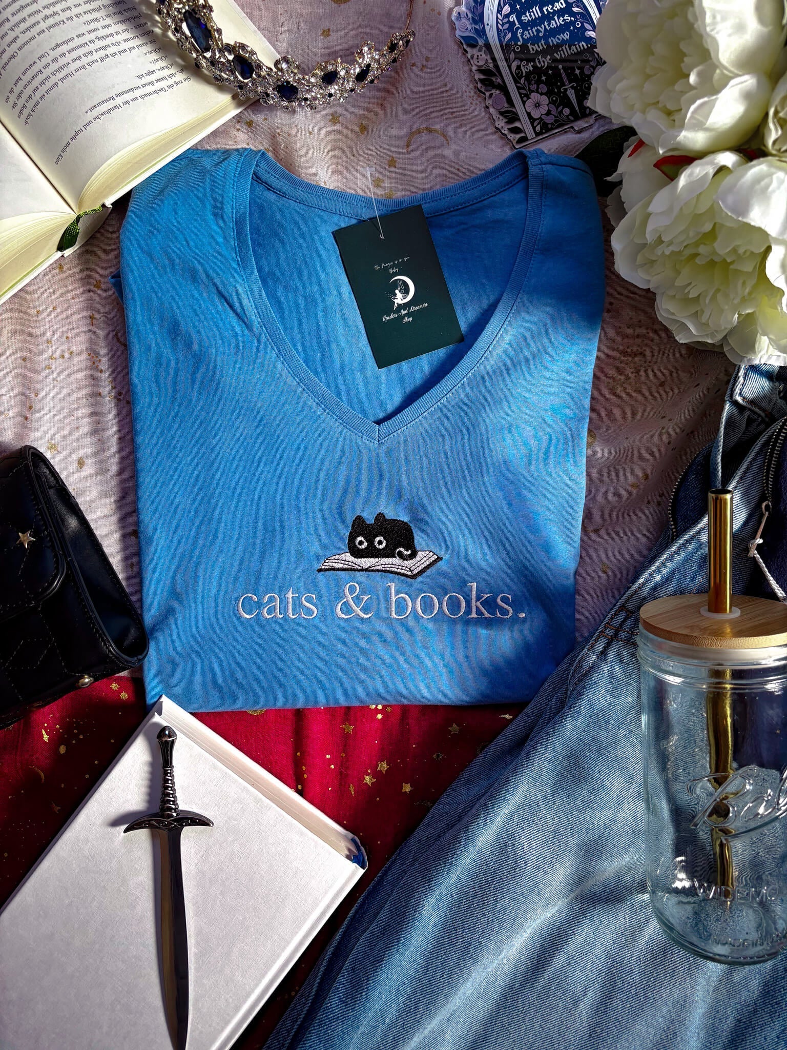 Cats and Books V - Neck - Readers and Dreamers Shop